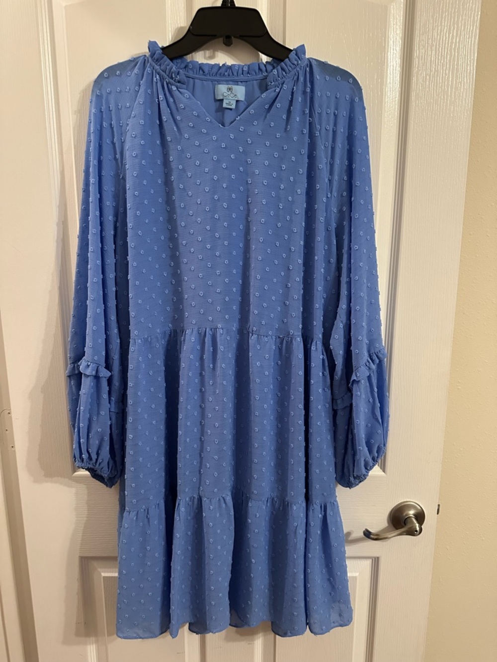 CeCe Light Blue Long Sleeve Swiss Dot Tiered Dress